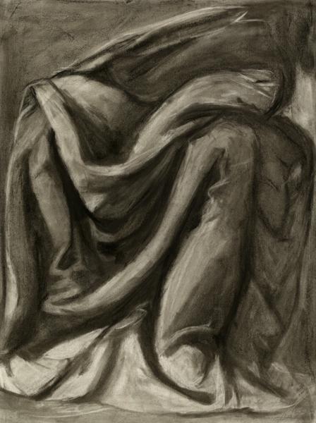 <b>Drapery Study of a Seated Figure (Inspired by Da Vinci, 1473), 2023</b><br><i>Charcoal on drawing paper</i>