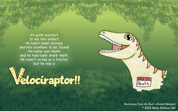 <b>An Aunt's Animal Alphabet - Velociraptor Sneak Peak!</b><br><i>Colored pencil on paper with graphics editing</i><br><br>Published October 4, 2023, available on <a href="https://www.amazon.com/dp/B0CGXRT294/">Amazon</a>.

