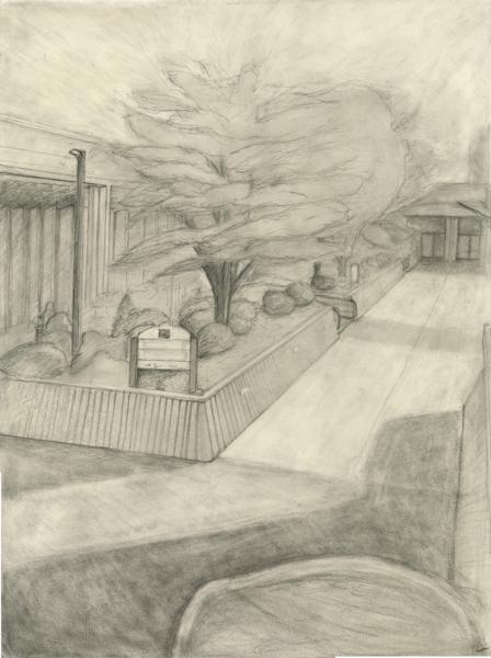 <b>Campus Perspective, 2023</b><br><i>Graphite on drawing paper</i><br><br>This drawing was created on the STLCC Meramec campus, capturing a unique perspective of its surroundings.