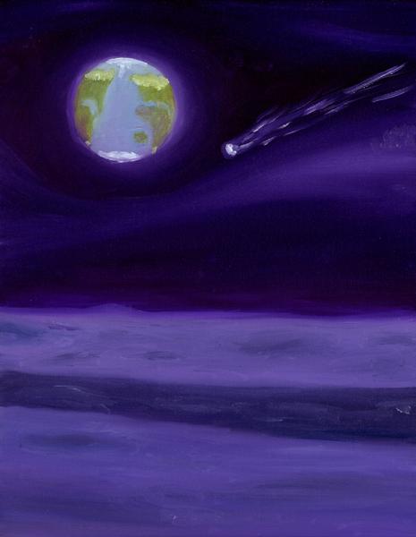 <b>Moonscape, 2024</b><br><i>Oil on canvas</i><br><br>A surrealist landscape from the moon, gazing back at Earth.