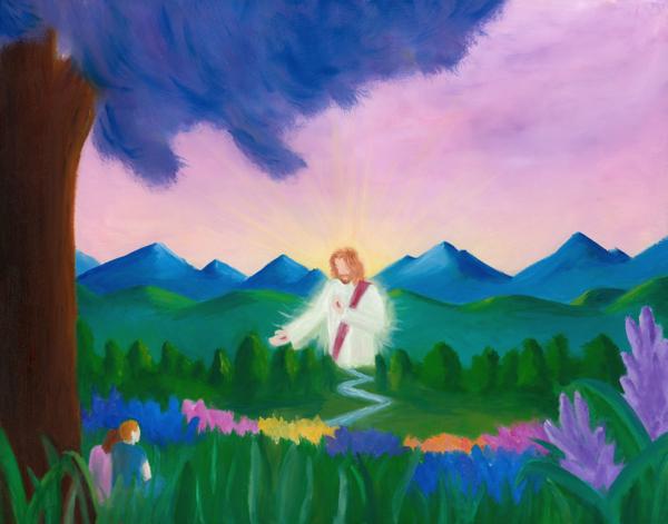 <b>Beatific, 2024</b><br><i>Oil on canvas</i><br><br>This scene reflects the inner landscape of the heart, where we contemplate and listen to the Lord. It is painted in a surrealist style, inviting quiet reflection and prayer.
