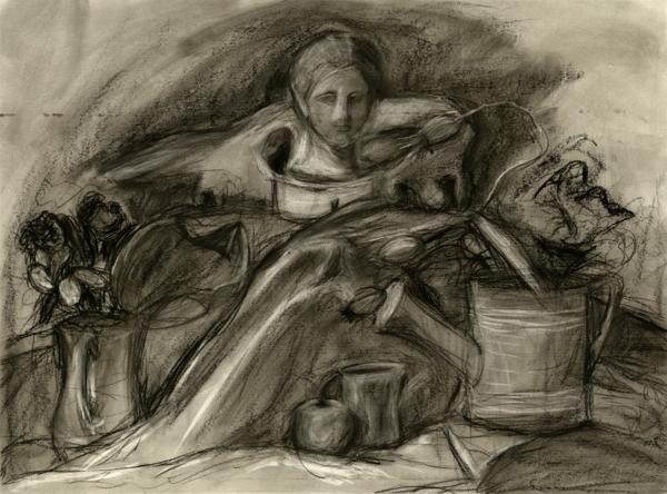 <b>Alla Prima Still Life with Bust, 2023</b><br><i>Charcoal on drawing paper</i>