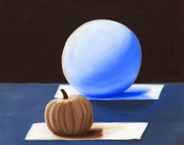<b>Simple Serenity, 2024</b><br><i>Oil on canvas</i><br><br>A warm-cool value study in chiaroscuro, this painting contrasts a sphere and a pumpkin, using light and  shadow to create depth and balance. The interplay of warm and cool tones highlights the objects' form,  offering a serene yet dramatic still life. <br><br> Exhibited in the 2025 STLCC-Meramec Juried Student Art Exhibition.
